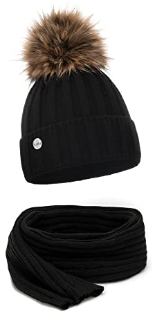 ELIMELI® Kaschmir Mütze Schal Damen Winter Kombi Set - warme Strickmütze mit Kunstfell Bommel - 2-teilig, Winterset Wintermütze passender Schal Wollmütze Beanie Slouch Strick (Set - Schwarz)