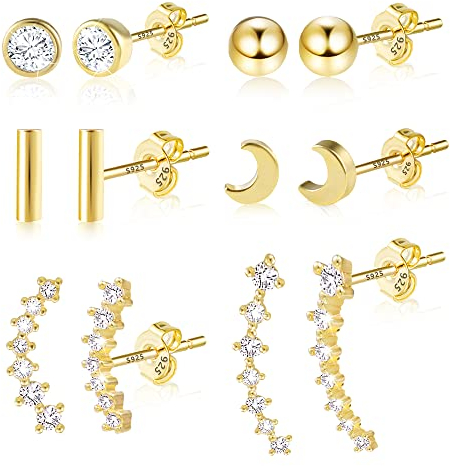 ASH'S CHOICE Ohrstecker Gold Set, 6 Paar Kleine Ohrstecker Ohrringe Sterling Silber 925 für Damen Mädchen, Zirkon Strass Kristall Ohrstecker Gold, Hypoallergen Knorpel Ball Ohrstecker Kleine Set