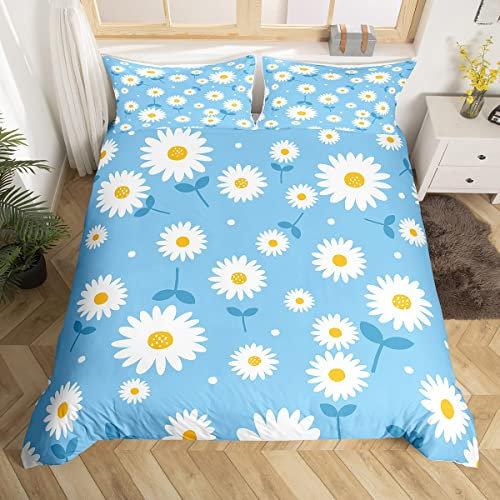 White Daisy Duvet Cover Set Double Size, Botanical Garden Artwork Comforter Cover with 2 Pillowcases, Plants Theme Floral Bedding Set 3pcs for Kids Girls Room Decor Lightweight Bedspread Cover