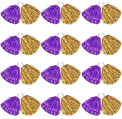 DILIBRA Metallische Cheerleader-Pompons, Cheerleader-Bommeln mit Taktstockgriff, Handblume für Erwachsene, Teamgeist, Sport, Tanzparty, Gold + Lila, 24 Stück