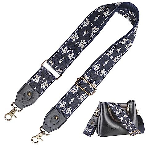 Schultergurt für Taschen Breit 5cm, Umhängegurt Taschenriemen Damen, Tragegurt Schulterriemen mit Karabiner für (Schwarz/Blau Stickerei, 5,1 cm)