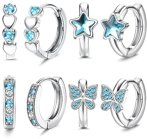 JeweBella 4 Paar Kleine Creolen Ohrringe Silber für Damen Mädchen Rosa/Blau Herz Stern Schmetterling Zirkonia Ohrringe Creolen Set Hypoallergen Schlafen Huggie Knorpel Ohren für Kinder