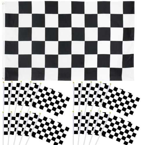 5ft x 3ft Checkered Flags and 20pcs Party Handheld Flags on Plastic Stick 8.2 x 5.5 Inch Black White Racing Banners Pennant Decoration for Game Parade Sport Events, Festival Birthday Party Supplies