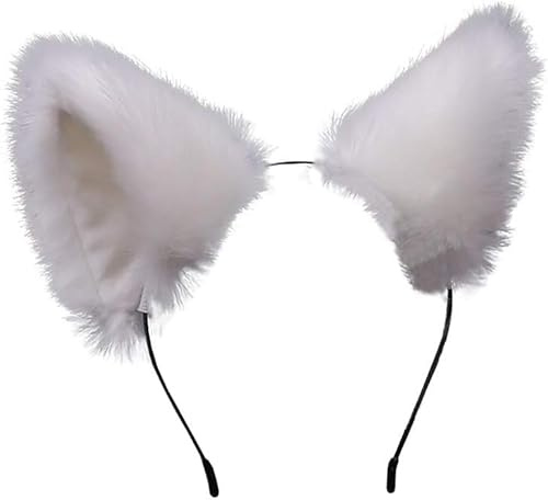 Jowxsx Niedliches Katzenohren Stirnband Lange Fell Fuchsohren Cosplay Stirnband mit Glocken Kopfbedeckung Haarband für Party Kostüm Halloween Hairhoop Weiß