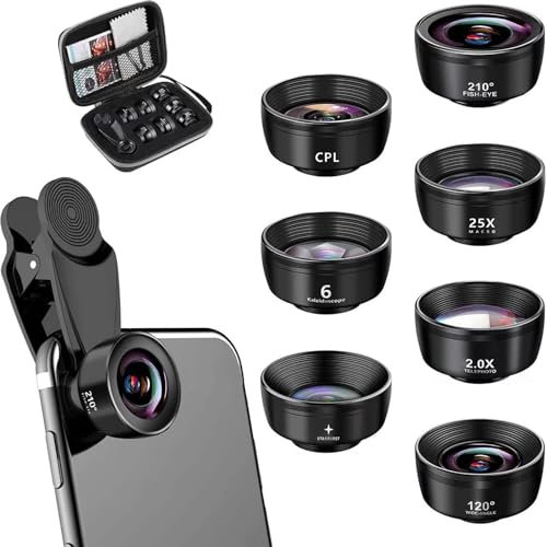 GAESHOW Smartphone Lens Kit, 120° Wide Angle Lens & 25x Macro Lens, 210° Fisheye Lens, 2x Vertical Mirror, Flexible Tripod for Most Smartphones (A)