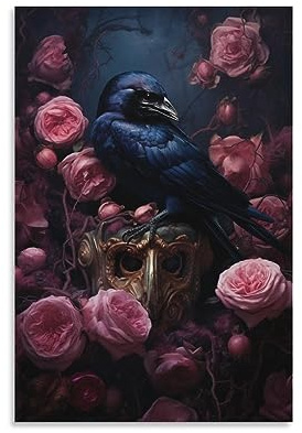 FOCCAR Schöne Rabe Wandkunstdrucke Klassische Krähe Elegante Rose Vogel Bilder auf Leinwand Poster Wanddekoration für Schlafzimmer Heimdekoration