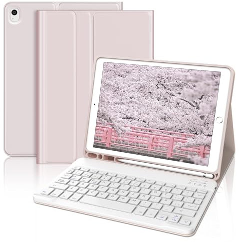 Funda con Teclado para iPad 9a Generación 10.2, Teclado Bluetooth Desmontable con Funda y Portalápices para iPad 9a Gen 2021/8a Gen 2020/7a Gen 2019/iPad Pro 10.5 2017 y iPad Air 3 2019, Rosa