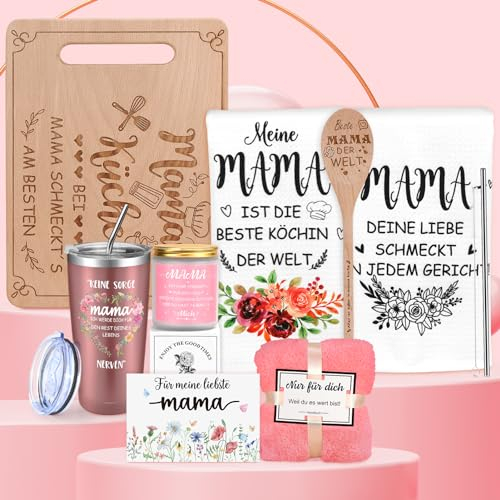 FHzytg Geburtstagsgeschenk für Mama, Lustige Geburtstag Geschenk Set, 20oz Edelstahl Kaffeebecher, Duftkerze, Schneidebrett Holz, Mutter Geschenke, Beste Mama Geschenk Weihnachten
