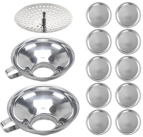 Stainless Steel Funnel Set with 10 Lids and 1 Strainer, Multipurpose Kitchen Household Funnel for Canning, Jam Making and More, Stainless Steel Funnel Set for Jars.