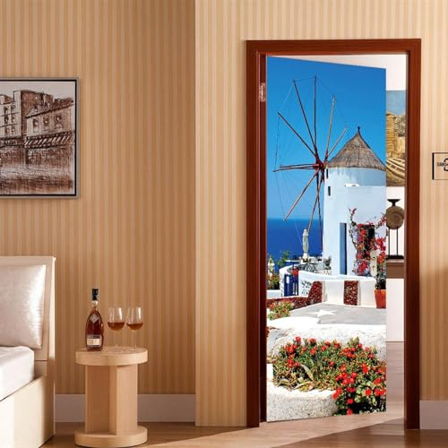 A.Monamour Türtapete Selbstklebend Türfolie Türposter 3D Weiße Windmühle Im Dorf Oia Auf Santorini Griechenland Vinyl Folie Türdeko Tapete Wandbild Wanddeko Türaufkleber Türtattoo 77 x 200cm