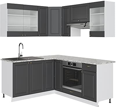 Vicco Eckküche Fame-Line, Küchenzeile in L-Form, Anthrazit-Gold/Weiß, 160 x 190 cm, AP Marmor