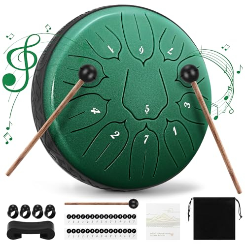 Steel Tongue Drum, 6 Zoll 11 Töne Zungentrommel Mit Trommelstöcken, Mit Tragetasche Und 4 Fingerauflagen, Handpan Geeignet Für Meditation, Yoga, Klangtherapie（Smaragdgrün）
