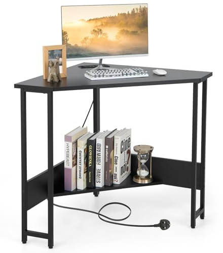 CASART Corner Computer Desk, Triangular Writing Desk with Power Outlet & Metal Frame, Space Saving PC Laptop Table Workstation for Home Office Bedroom Living Room (Black, Without Keyboard Tray)