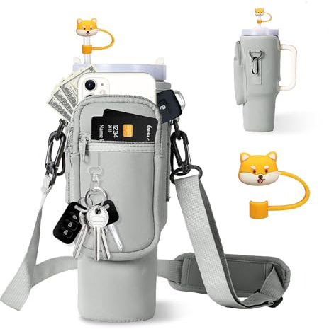 LZYDKH Tragetasche für Cup 40oz, Wasserflasche Träger Cup Zubehör Tasche Flaschenhalter mit Strohhülle Handyfach Verstellbarer Schultergurt(Grau)