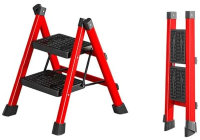 Escabeau de cuisine portable pliable à 2 marches avec pieds antidérapants, léger et robuste pour une charge maximale de 90 kg (rouge)