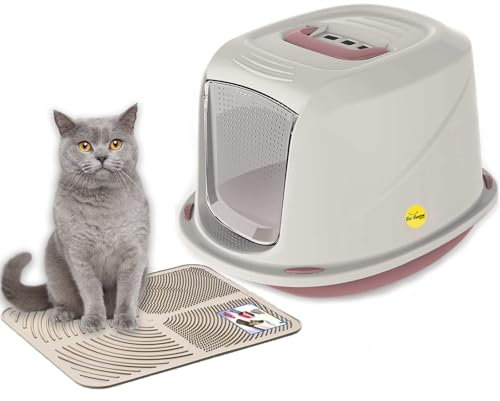 Cat Centre Katzenklo Mit Deckel Katzentoilette Mit Abdeckung Klapptür Mit Creme Katzenstreu Matte Rosa L 57 x 39,5 x 38 cm