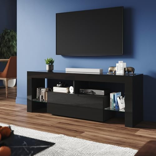 ZANOFIRA LED TV Unit Stand with RGB LED Lighted, High Gloss TV Stand with Pull-Down Door, Modern TV Cabinet with Open Glass Shelves and Drawers for Living Room, 1400x350x520mm, Black