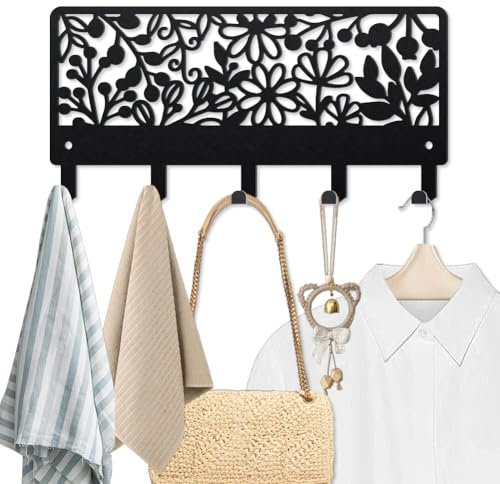 MAYJOYDIY Porte Clef Mural en Métal avec Fleurs et Feuilles Crochet Mural pour Manteau 25×12cm Motif Plantes Simples Noir avec 5 crochets pour Cadeau Cuisine Entrée Porte D'entrée Couloir