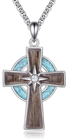 URONE Kreuz Halskette 925 Sterling Silber Keltische Kreuz Holz Türkis Anhänger Halskette Kreuz Schmuck Religiöse Geschenke für Frauen Männer