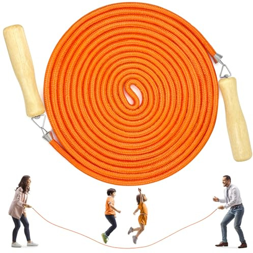LeapBeast Lange Springseil, Mehrspieler-Seil, Springseil mit Holzgriff für Schule, Sport, Outdoor-Aktivitäten, Fitness&Training 5M/7M/10M (B Mod. - Orange, 10M)