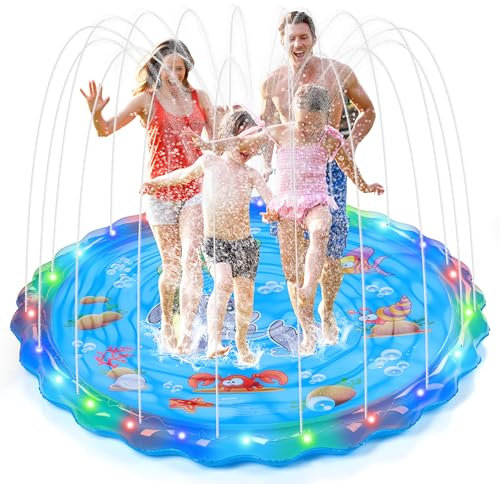 IEEILULU Splash Pad, 170CM Sprinkler Wasser Spielmatte mit LED Leuchten, Wasserspielzeug Kinder Outdoor Spielzeug, Sprinkler Play Matte für Sommer Garten (Blau)