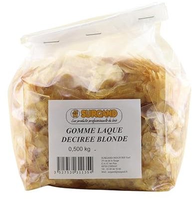 GOMME LAQUE EN PAILLETTES SUPER DECIREE BLONDE / Gomme laque de grande qualité, incolore-miel, pour fabriquer soi-même les vernis tampon traditionnels à grand brillant. (500 GR)