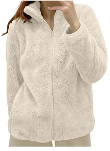 Generisch 2025 - Veste polaire unie pour femme avec col et fermeture éclair, vêtement d'extérieur confortable pour femme avec fermeture éclair, beige, L