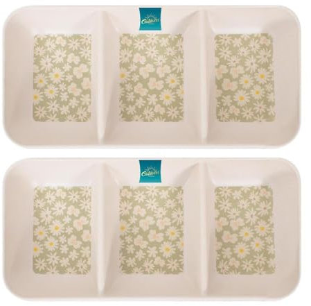 YöL Pack of 2 3 Section Snack Tray Daisy Print Melamine Summer Dining Outdoor Picnic BBQ Green Floral Trendy Tableware Reusable Plastic Dips