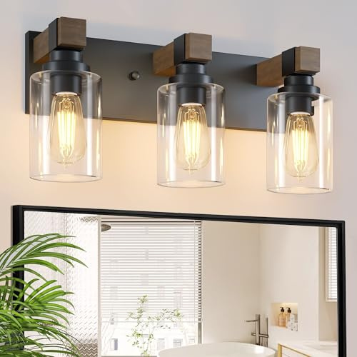Farmhouse Badezimmer-Waschtisch-Leuchten, rustikale 3-flammige Holz-Kosmetikleuchten für Badezimmer, Vintage-Stil, schwarze Wandleuchter, Leuchten über Spiegel, mit Glasschirm