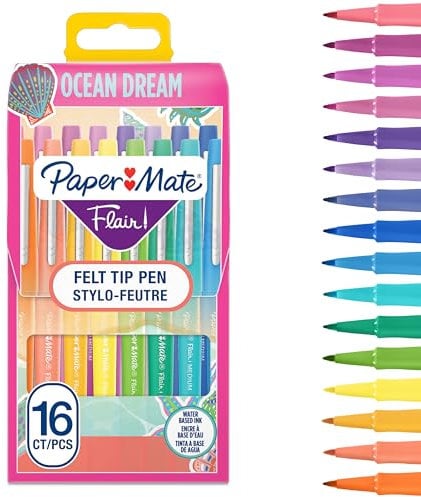 Paper Mate Flair Felt Tip Pens | Medium Point (0.7 mm) Markers | Assorted Ocean Dream Colouring Pens | For Kids & Adult Colouring, Journalling & More | 16 Count