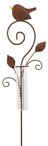 Super Idee Dekorative Regenmesser Vogel mit Erdspieß aus Metall 108 cm Regenmengenmesser Frostsicher Gartenstecker Gartendeko Edelrost Regenmesser Glas für Hof Rasenweg Durchgang Terrasse Garten