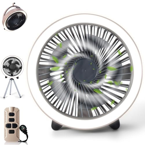 BXOXD Ventilador de camping con LED y mando a distancia, 10400 mAh, ventilador USB recargable con gancho, temporizador, soporte de mesa, ventilador de exterior para camping, pesca, salida de energía
