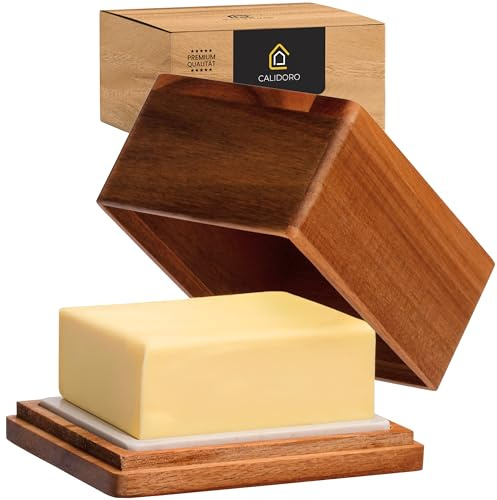 CALIDORO Butterdose Akazie mit Marmorplatte - Butterbox für streichzarte Butter (250g) - Holz Butterschale für ideale Butter Aufbewahrung - Butterglocke, Design Butter Dish, Spülmaschinenfest