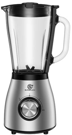 SUPERLEX 800W Professional Blender with 1.5L Glass Jug, 4 Stainless Steel Blades, Ice Crushing Function, 2 Speeds + Pulse Function - Heavy Duty Kitchen Blender for Smoothies & Ice - Dishwasher Safe