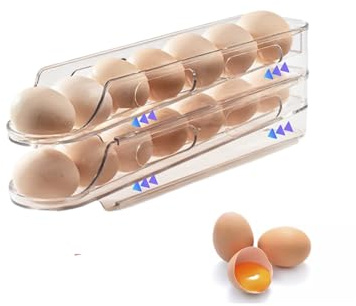 LECINAL Transparenter stapelbarer Eierhalter für Kühlschrank, 1–4 Ebenen, automatischer Eierspender, Aufbewahrungsbehälter, Kunststoff-Kühlschrank-Organizer-Tablett für Küche, frische Eier (2