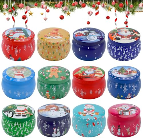 12 Stück Kerzendose mit Deckel, 4.4Oz Weihnachten Kleine Leere Kerzendosen, leere Kerzendosen mit Deckel, rund, kleine Weihnachtskekse für Süßigkeiten, Kekse, Gastgeschenke, Kerzenherstellung