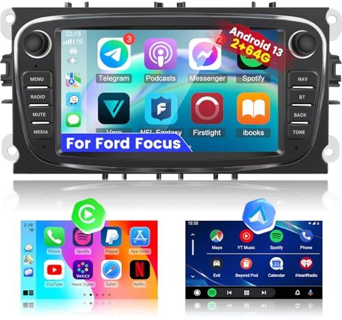 NHOPEEW 2+64G Android Autoradio für Focus II für S-Max für Mondeo 9 für Galaxy II für C-Max für Kuga mit Carplay&Android Auto - 7 Zoll Radio Unterstützung WiFi GPS SWC + Rückfahrkamera