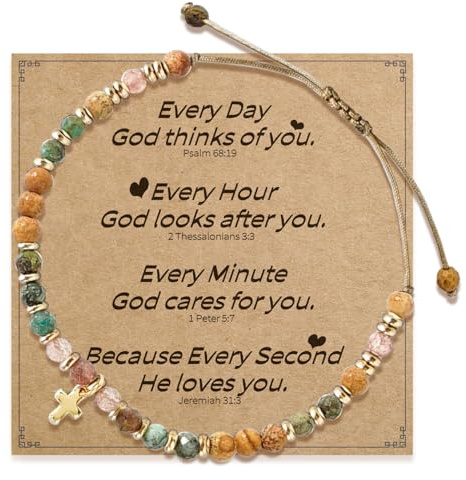 RIXERKOC Kreuz Armband für Damen Naturstein Perlenarmbänder, Christliches Armband mit 14K Gold kreuzanhänger, Inspirierende Geschenke, Geschenke für religiöse Taufe Ostern Muttertag