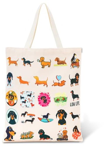 Leseogye Dackel Canvas Handtasche, Dackel Geschenke, Dackel Tasche, Jutebeutel, Personalisierte Geschenke Frauen, Tote Bag, für Dackelliebhaber & Alltag, Beige