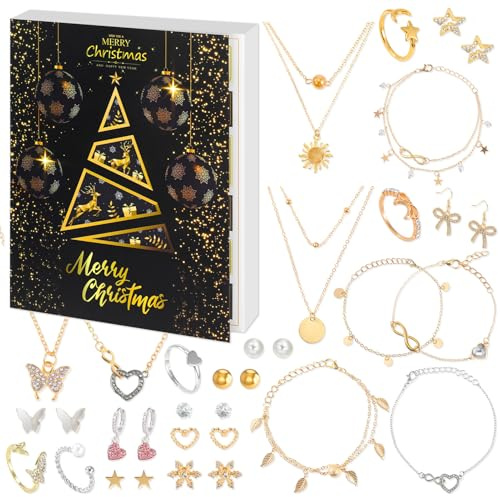 Beipegin Schmuck Adventskalender 2025 Frauen Weihnachtskalender 24 Überraschungen Halskette Armband Ohrringe Schmuck Kalender Gold Silber Countdown Weihnachten Geschenk für Damen