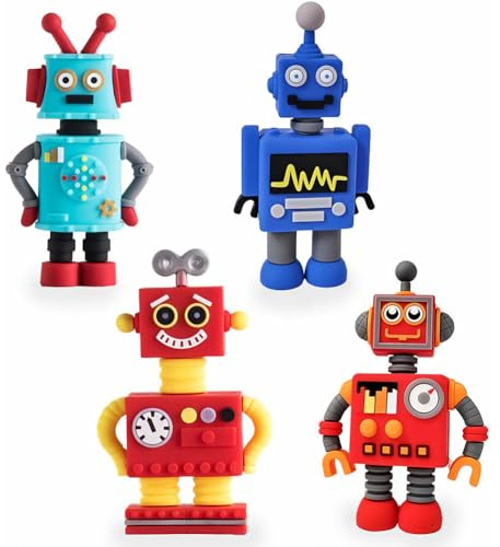 Robot Cake Toppers, Robot Mini Figurines, 4pcs Cartoon Fun Decorative Cake Decorations for Birthday Parties & Celebrations Toy Gifts For Kids Birthday Party