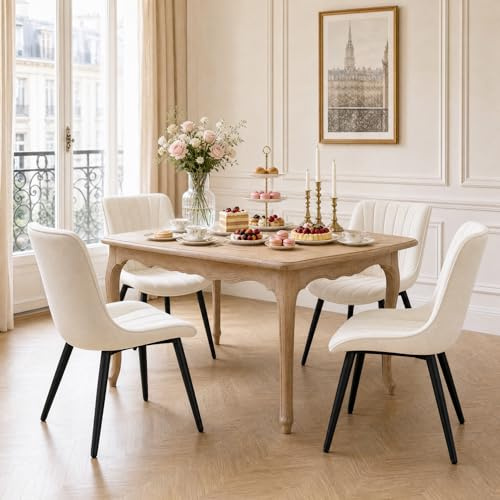 Hellove Lot de 4 Chaises de Salle à Manger Velours Beige – Chaise Scandinave Moderne sans Accoudoir, Chaise de Cuisine Confortable, Chaise Rembourrée pour Salon & Salle à Manger