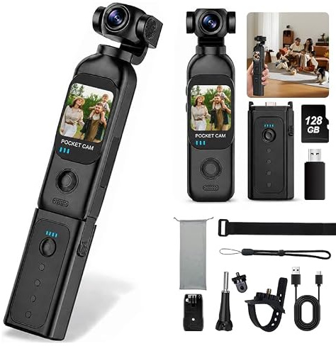 MUOXUEQN 4K Pocket Action Camera, Handheld Vlog Camera with 6-Axis Stabilization, 1.33 Screen, WiFi, 270° Rotatable Lens, Long Battery Life with Charging Handle, Ideal for Travel, Cycling (128G)