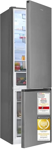 Exquisit Kühl-Gefrierkombination 377 l No Frost - Inoxlook | Bottom-Mount-Gefrierbereich, Energieklasse C, 39 dB leise, LED-Beleuchtung, digitale Temperaturanzeige