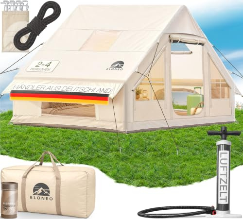ELONEO aufblasbares Zelt für 2/4/6/8 Personen mit Dachfenster & Luftpumpe, Premium Glamping Zelt wasserdicht, Luftzelt, Inflatable Tent, Camping Zelt