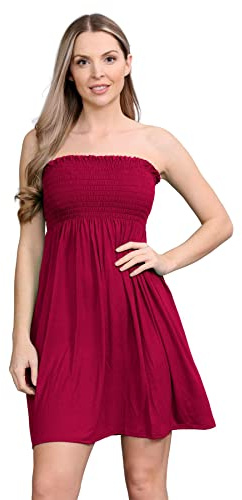 janisramone® Womens Bandeau Dress, Boob Tube Sheering Ruched Flared Mini Dress, Plain Strapless Summer Dresses, Perfect Holiday & Beach Dresses for Women UK Wine