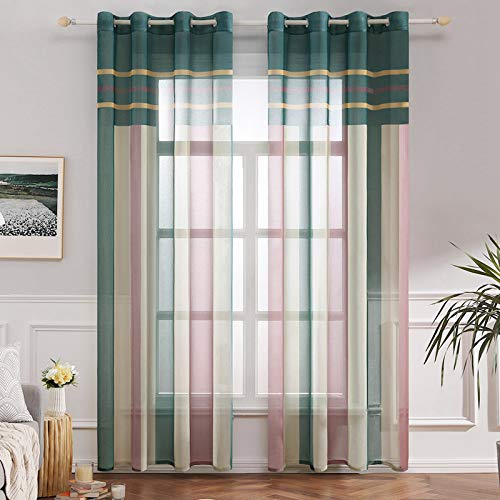 MIULEE Voile Vorhang Transparente Gardine aus Voile mit Ösen Schlaufenschal Ösenschals Transparent Fensterschal Wohnzimmer Schlafzimmer 2er Set 140x245 cm Grün + Rosa