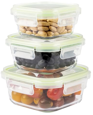 Home Fleek Square Airtight Glass Food Containers with Lids - Stackable Food Storage Containers, Space Saving, Airtight, Microwave, Oven and Freezer Safe Meal Prep (Set of 3, Blue)
