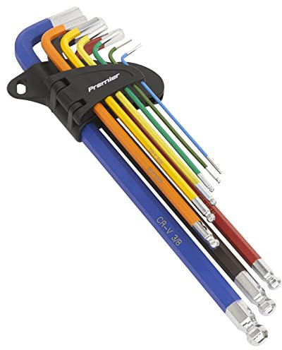 Sealey Premier Colour-Coded Extra-Long Ball-End Hex Key Set - Imperial 9pc - AK7198