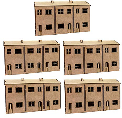 War World Scenics Modellbau MDF Gebäude - Niedrigprofil Dreifach-Haus x 5 - Spur 00/H0 Modellbahn Maßstab Modelleisenbahn Diorama Landschaftsbau Geländebau Struktur